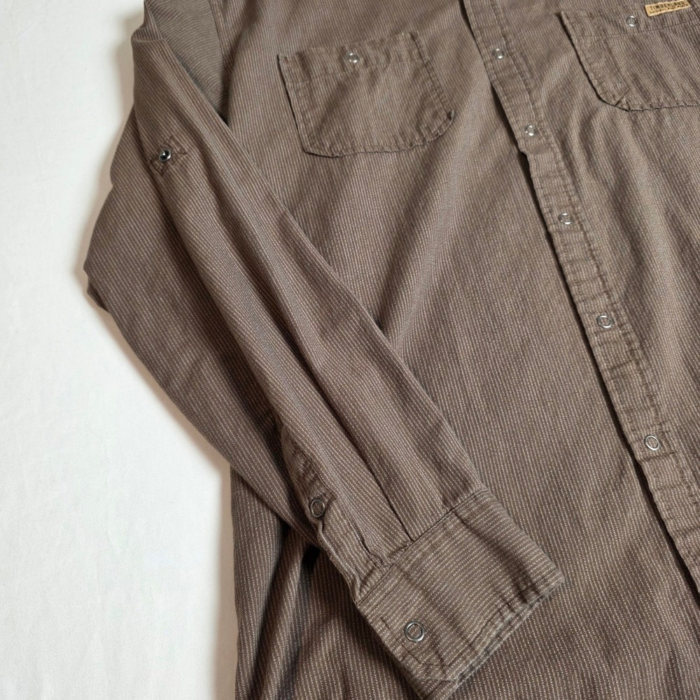 Timberland Button Down Mens Large Brown Micro Stripe Roll Tab Sleeve Snap Shirt - Picture 4 of 6